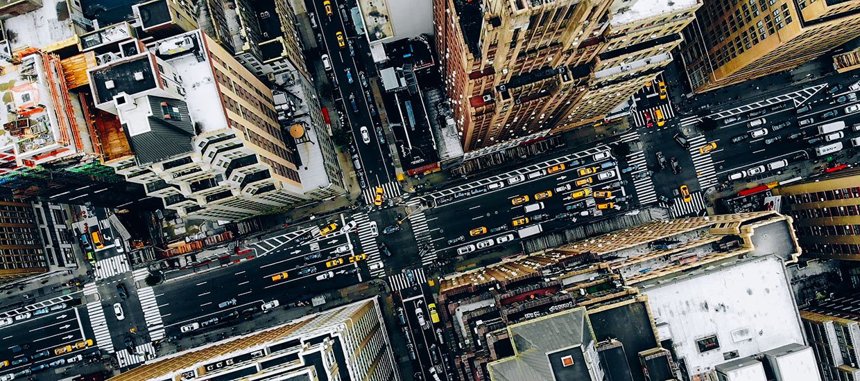 This is a stock photo. An aerial image of downtown New York city. 