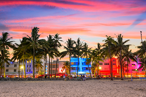 A stock photo. A cityscape view of South Beach in Miami Beach, Florida.